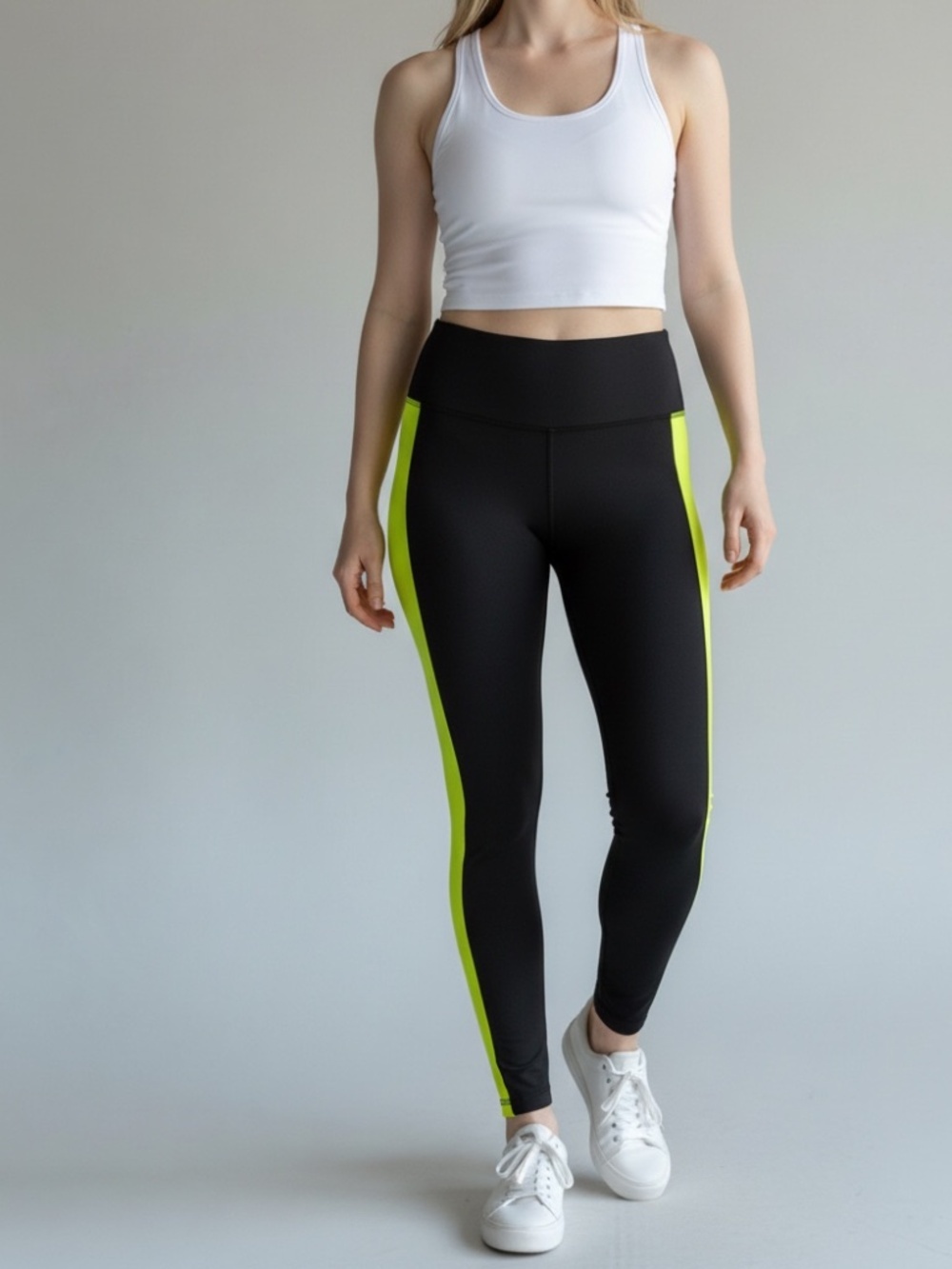 Fabletics Powerhold Black Yellow & Green High-Waisted Leggings W/ Pockets Size M